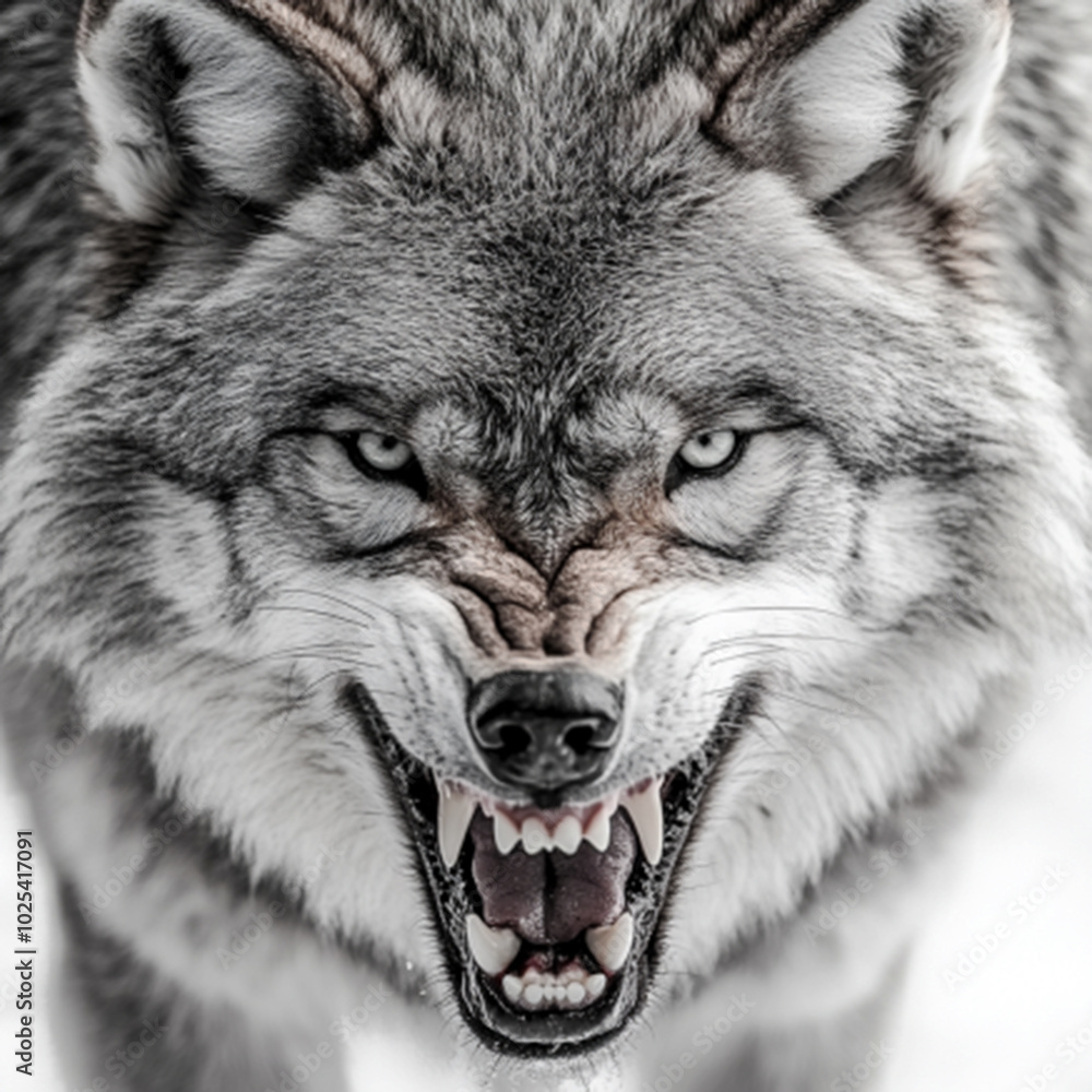 Aggressive Gray Wolf Snarling with Bared Teeth in Intense Close-Up, Fierce Wild Animal Displaying Dominance and Power Aggressive Gray Wolf Snarling with Bared Teeth in Intense Close-Up, Fierce Wild Animal Displaying Dominance and Power