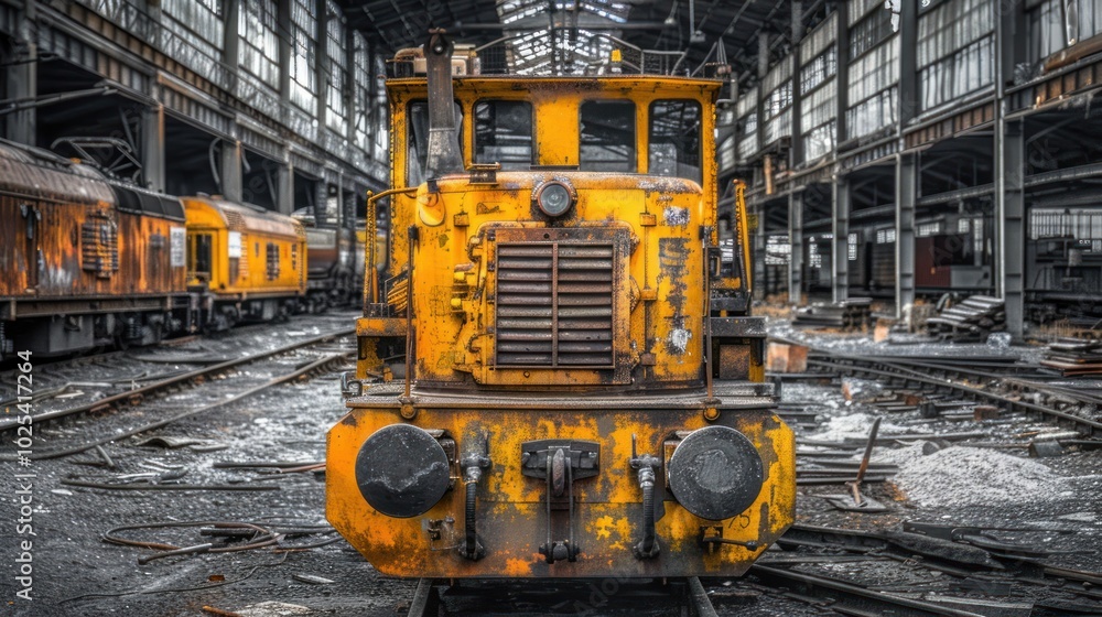 Yellow Train Engine in an Abandoned Railway Yard Yellow Train Engine in an Abandoned Railway Yard