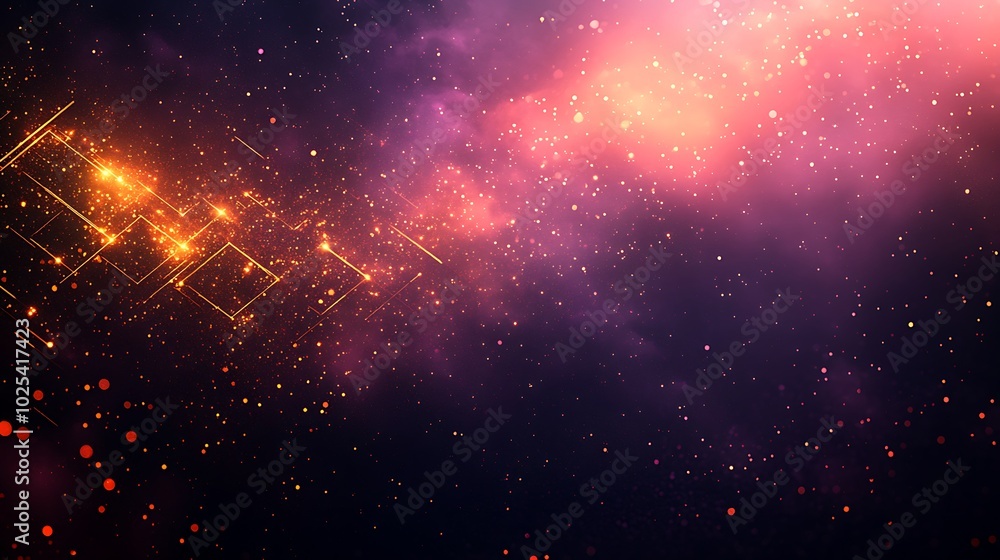 Naklejka premium Abstract cosmic background with golden lines and pink nebula.