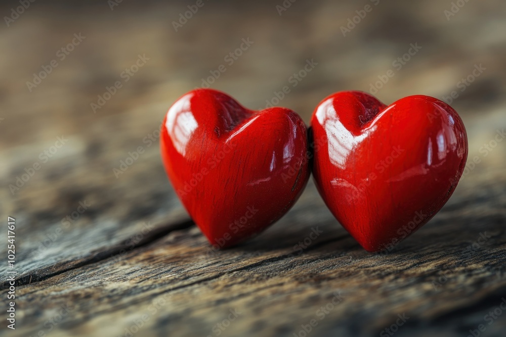 Two Red Hearts on Rustic Wooden Surface Two Red Hearts on Rustic Wooden Surface