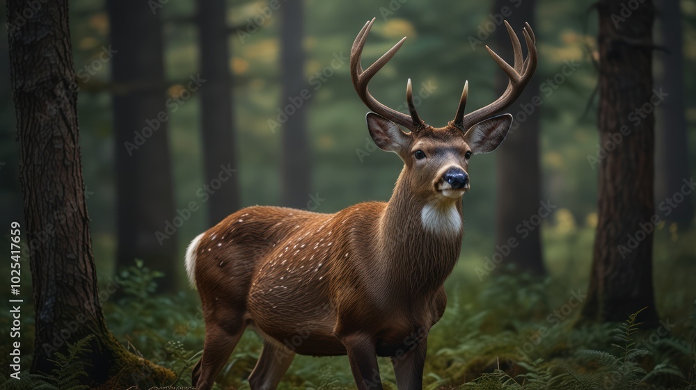 A large buck deer with large antlers stands in a forest clearing, looking alert and attentive. A large buck deer with large antlers stands in a forest clearing, looking alert and attentive.
