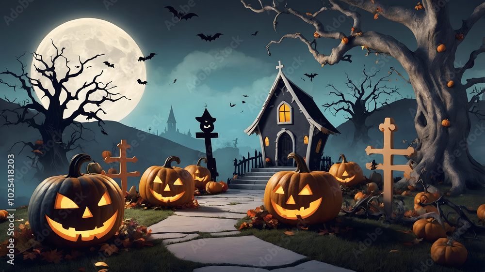 Fototapeta premium Spooky Halloween Scene with Haunted House, Pumpkins, and Full Moon