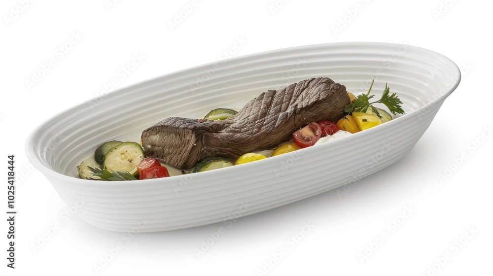 Roasted Beef with Zucchini, Yellow Tomatoes, and Parsley in a White Oval Dish Roasted Beef with Zucchini, Yellow Tomatoes, and Parsley in a White Oval Dish