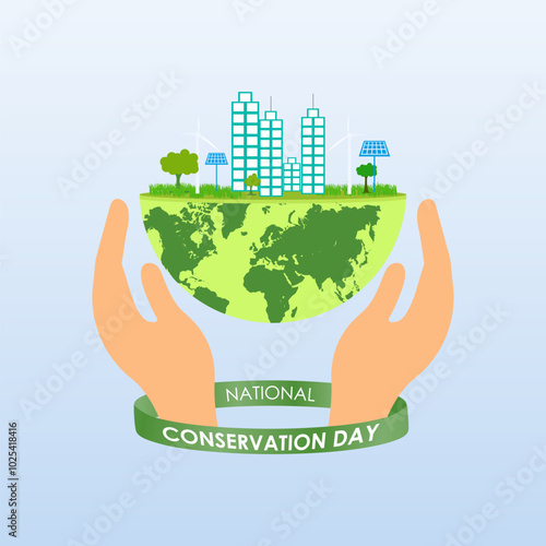 National Energy Conservation Day Vector illustration. Light bulb hands  with green leaf icon. It focuses on bringing awareness to global warming and promoting efforts to combat it. EPS 10.