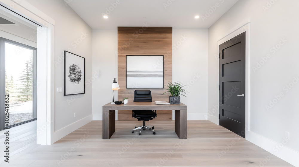 Minimalist home office with a black desk chair and wood paneling Minimalist home office with a black desk chair and wood paneling