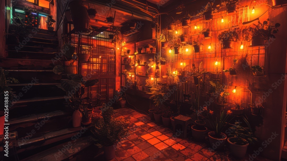 Urban Oasis with String Lights and Plants on a Brick Wall Urban Oasis with String Lights and Plants on a Brick Wall