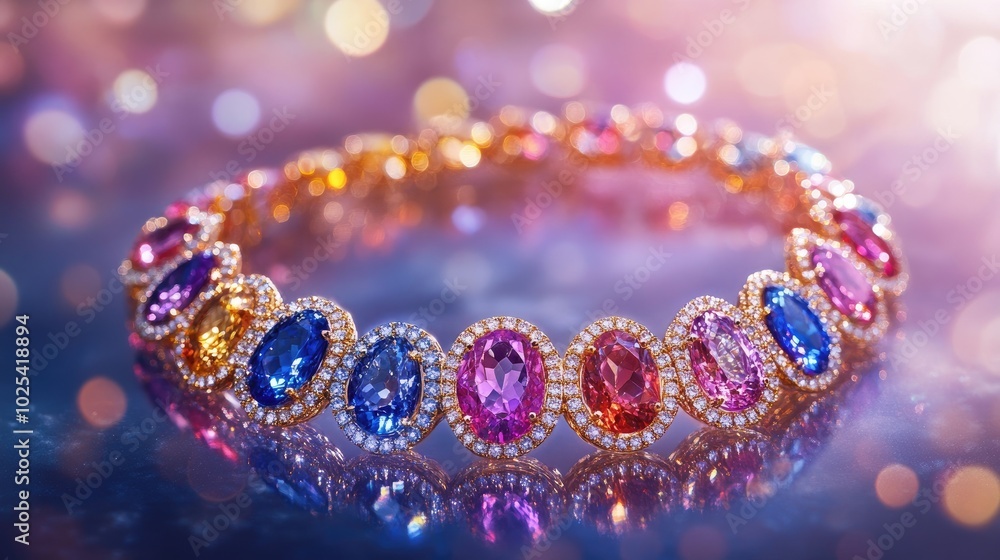 Elegant Colored Gemstone Bracelet on Shimmering Background Elegant Colored Gemstone Bracelet on Shimmering Background