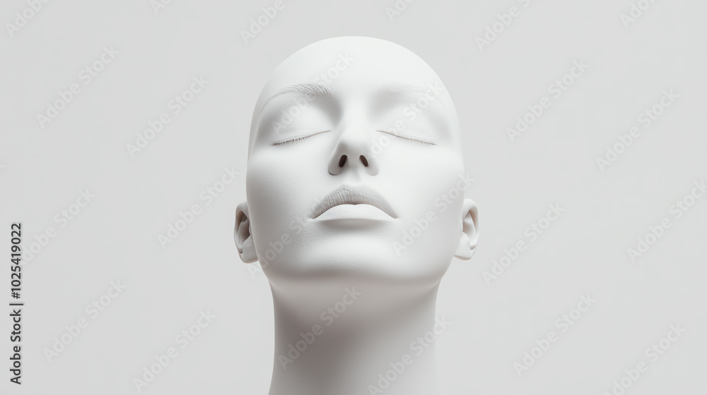 A serene white mannequin head with closed eyes, displaying a calm expression against a minimalistic background. A serene white mannequin head with closed eyes, displaying a calm expression against a minimalistic background.