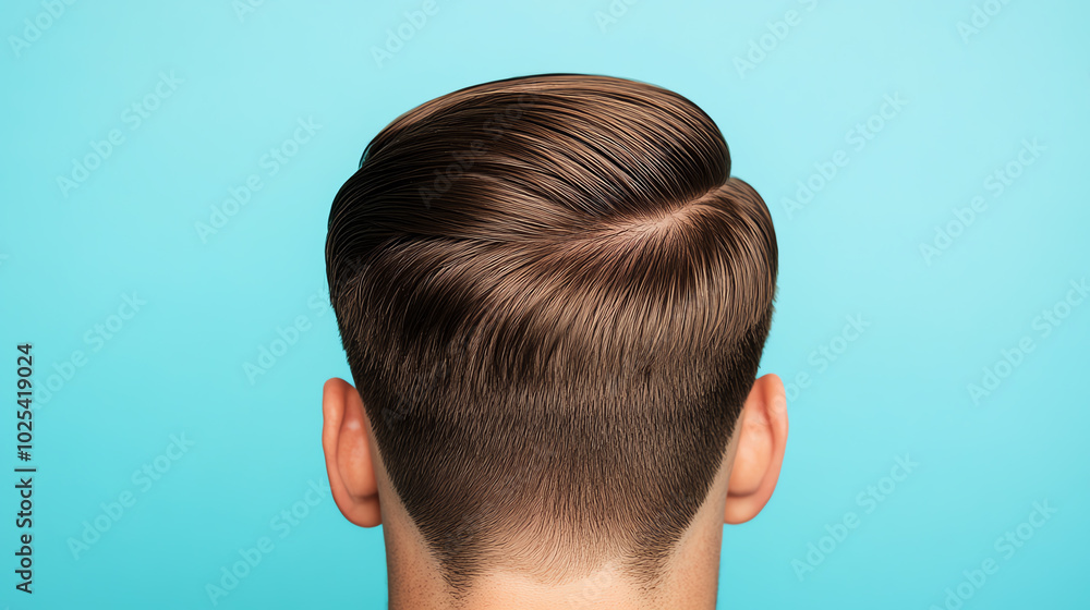 Fototapeta premium A stylish, modern men's haircut showcasing a smooth, slicked-back style with a sharp fade against a vibrant blue background.