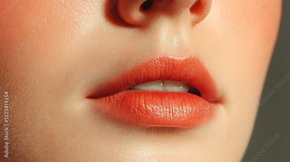 Close-up of beautiful lips with glossy orange lipstick. Soft focus highlights the natural texture and allure, emphasizing beauty and elegance. Close-up of beautiful lips with glossy orange lipstick. Soft focus highlights the natural texture and allure, emphasizing beauty and elegance.
