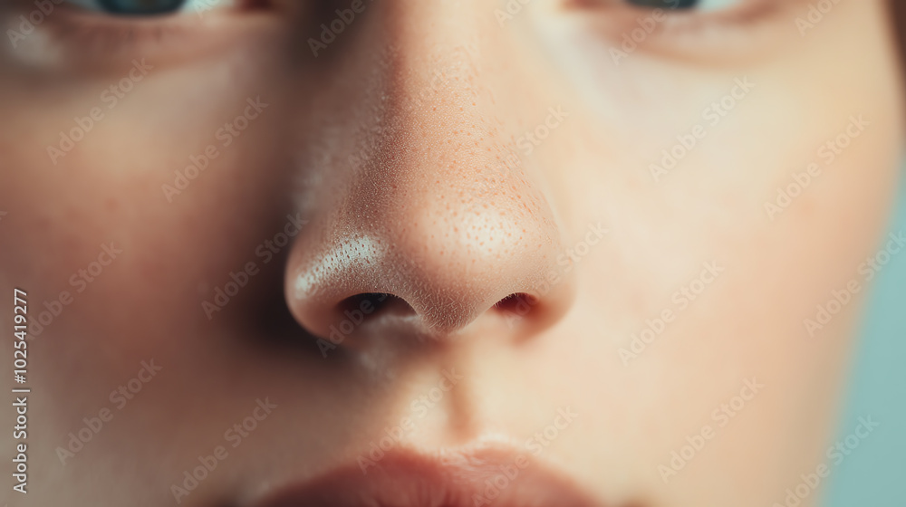 Naklejka premium Close-up portrait of a human face emphasizing features with soft lighting and subtle expressions.