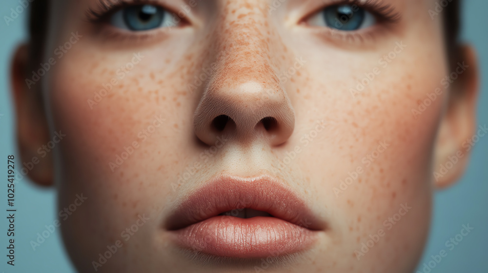 Close-up portrait of a person with freckled skin and captivating blue eyes, displaying natural beauty and emotion against a soft background. Close-up portrait of a person with freckled skin and captivating blue eyes, displaying natural beauty and emotion against a soft background.