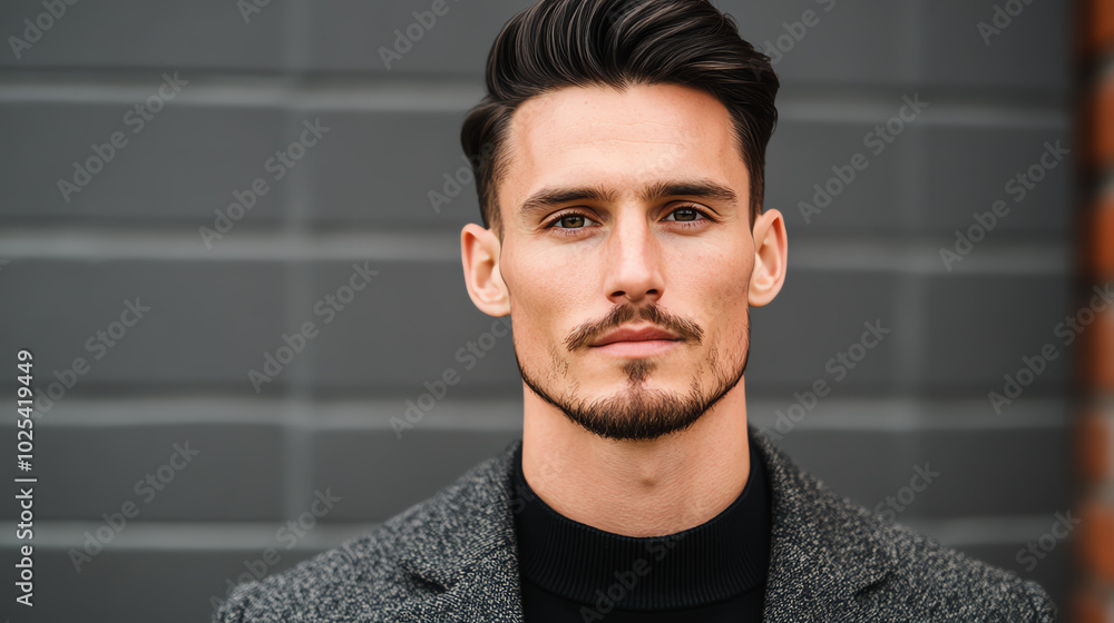 Confident young man posing against a modern urban backdrop, showcasing a stylish outfit for a professional look.