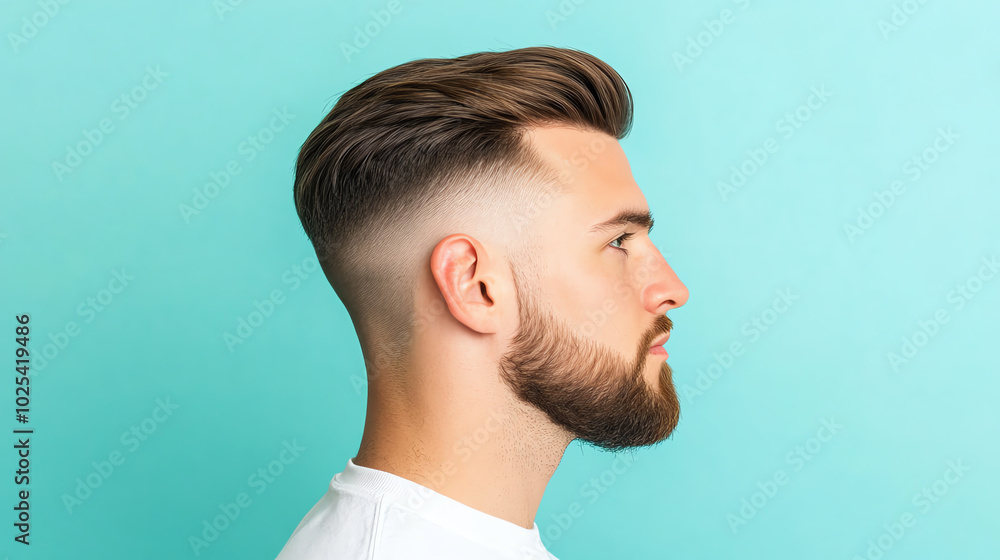 Fototapeta premium Profile of a stylish man with a modern haircut and beard against a bright turquoise background, showcasing contemporary grooming trends.