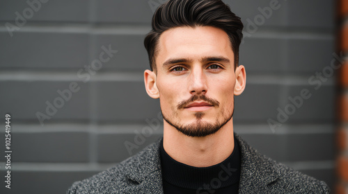 Obraz na płótnie Confident young man posing against a modern urban backdrop, showcasing a stylish outfit for a professional look. w salonie