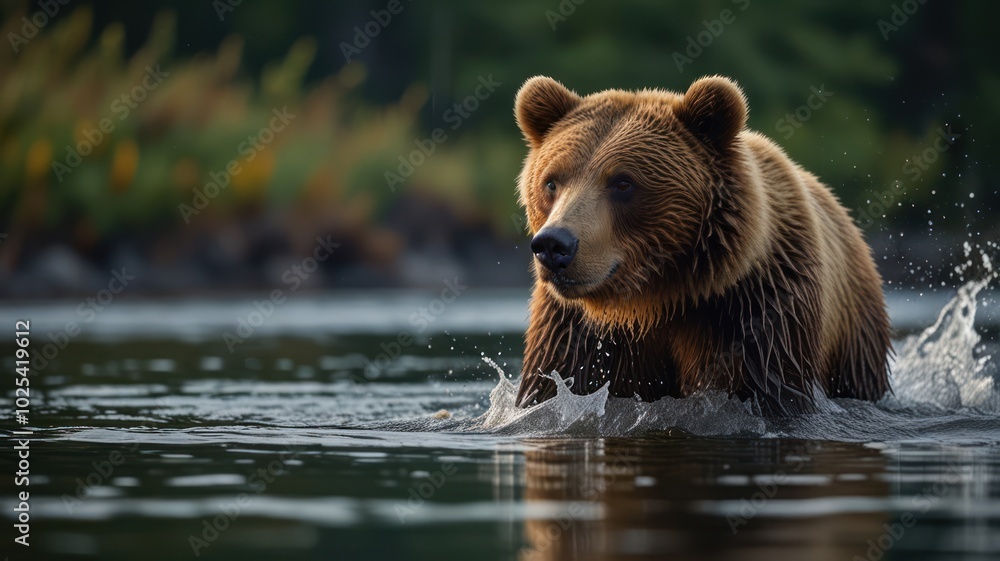 A large brown bear walks through a shallow body of water, the water splashing around its feet. A large brown bear walks through a shallow body of water, the water splashing around its feet.