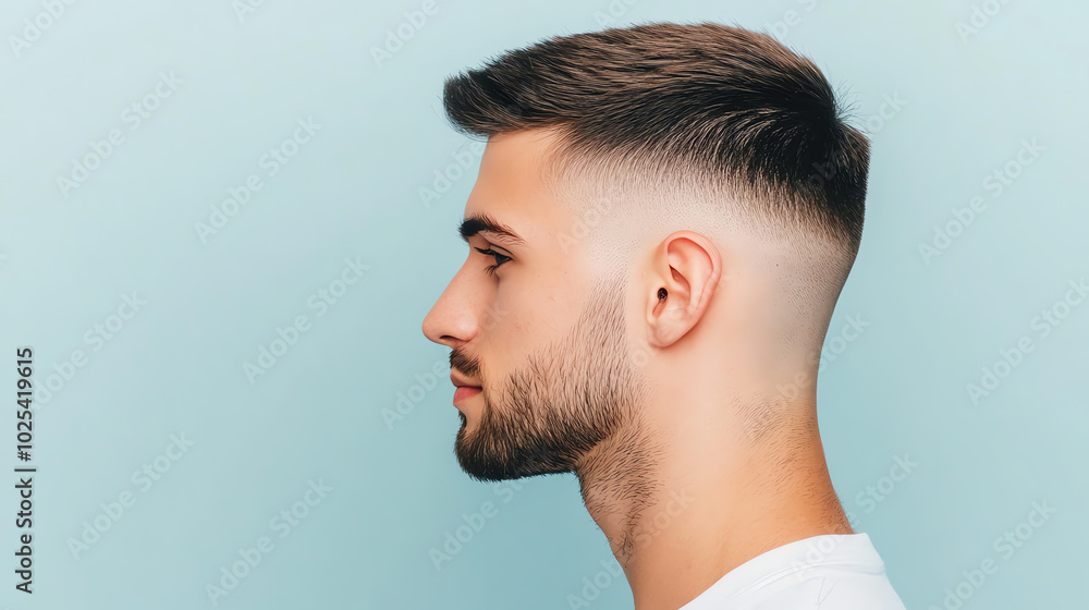 Profile view of a young man with a modern fade haircut against a light blue background, showcasing trendy hairstyle and confident expression.