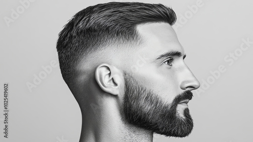 Profile view of a well-groomed man showcasing modern haircut and beard style, against a minimalistic background.