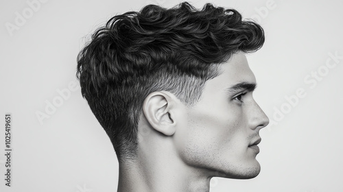 Obraz na płótnie Profile view of a young man with stylish curly hair, showcasing a defined jawline and a modern hairstyle on a neutral background. w salonie