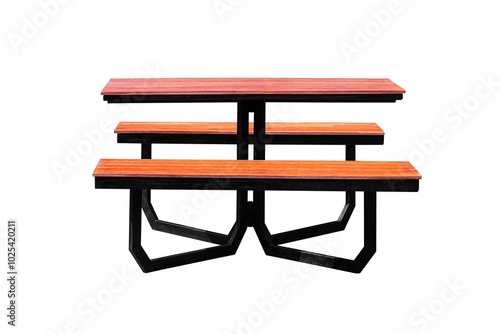 The garden table and benches are made of steel and wood panels photo