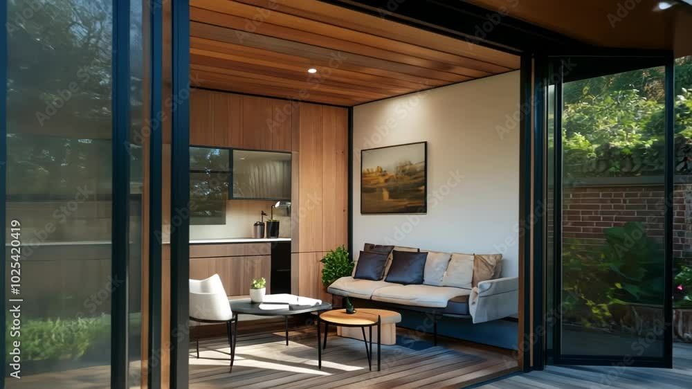 Modern garden shed with glass walls, wooden accents, and a cozy interior. Modern garden shed with glass walls, wooden accents, and a cozy interior.