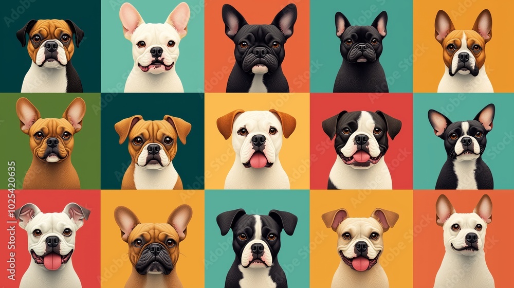 A grid of flat design icons featuring dogs in various poses and sizes, arranged side by side on colorful squares. A grid of flat design icons featuring dogs in various poses and sizes, arranged side by side on colorful squares.