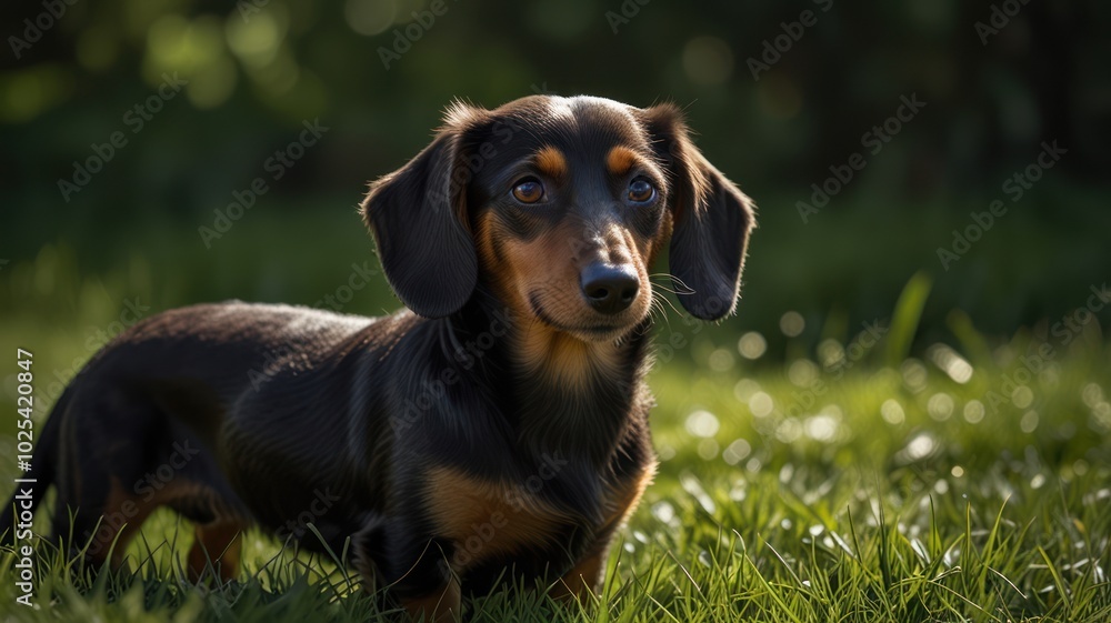 A black and tan dachshund stands in a grassy field, looking off to the side with a gentle expression. A black and tan dachshund stands in a grassy field, looking off to the side with a gentle expression.