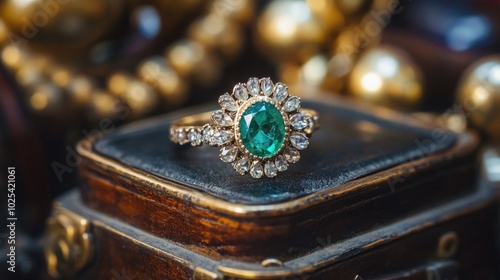 Elegant Gold Ring with Green Gemstone and Diamonds