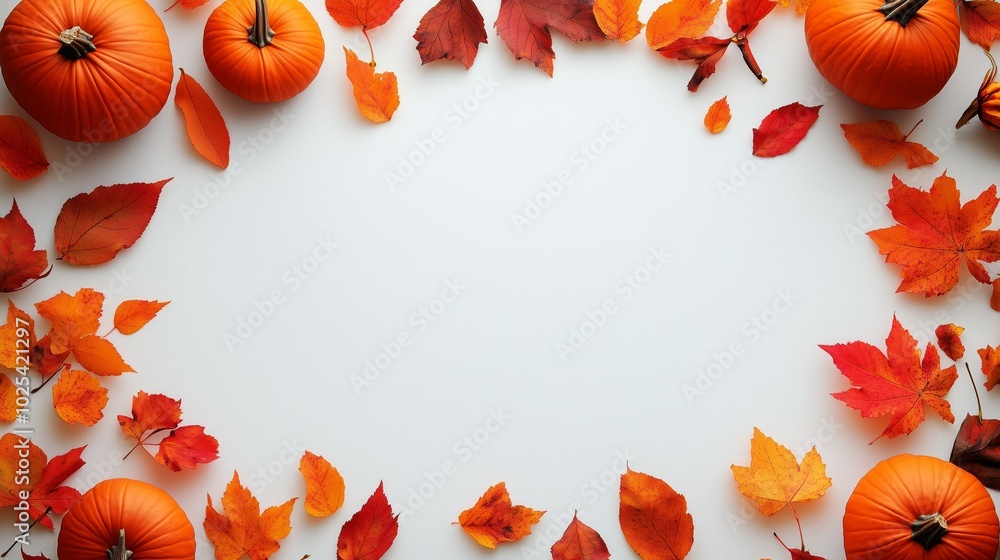 Autumn-themed frame with pumpkins and leaves on a white background, flat lay, copy space concept for Halloween or fall season stock photo Autumn-themed frame with pumpkins and leaves on a white background, flat lay, copy space concept for Halloween or fall season stock photo