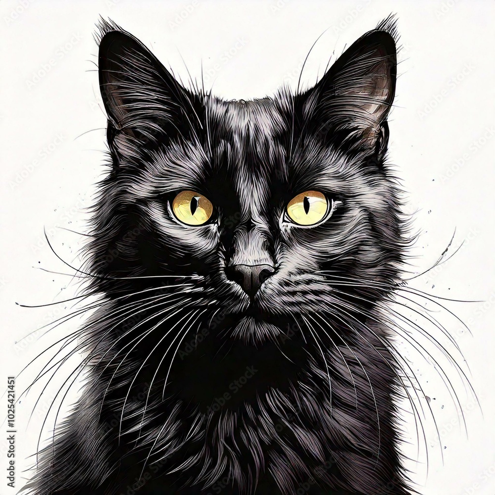 Illustration of a black cat, medium shot, isolated on a white background Illustration of a black cat, medium shot, isolated on a white background