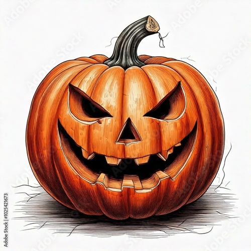 Scary Halloween Pumpkin Jack-o'-lantern color drawing with an eerie smile, isolated on a white background 01 photo