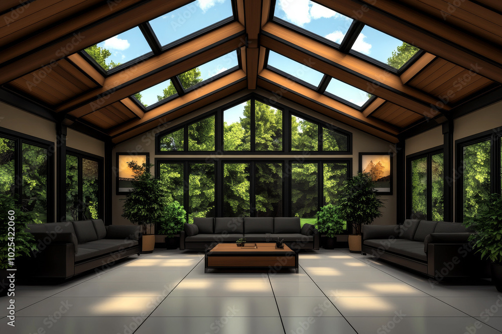 Modern living room with a skylight and large windows offering a view of the lush green outdoors. Modern living room with a skylight and large windows offering a view of the lush green outdoors.