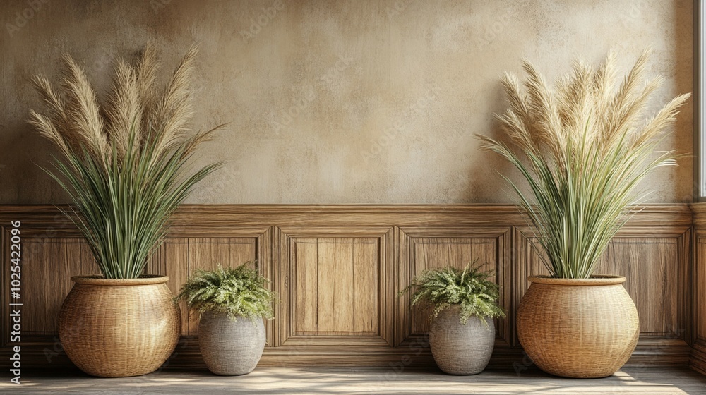 Potted plants sit on a wooden floor in front of a wall with stylish wooden paneling. Potted plants sit on a wooden floor in front of a wall with stylish wooden paneling.