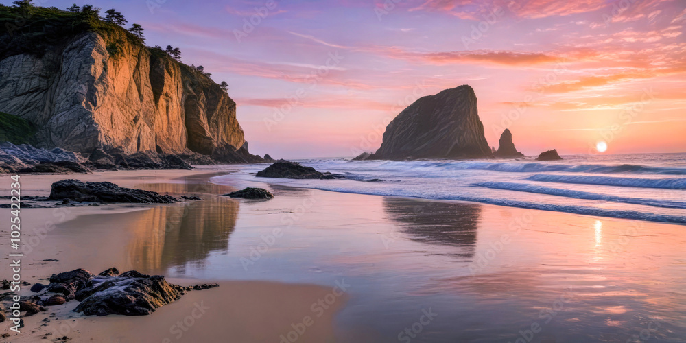 Tranquil sunset over coastal cliffs and sandy beach, peaceful seaside landscape with colorful sky Tranquil sunset over coastal cliffs and sandy beach, peaceful seaside landscape with colorful sky