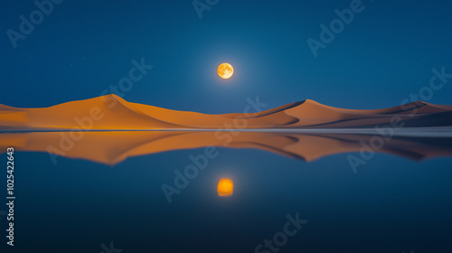 Surreal natural moonrise over lake and mountains landscape