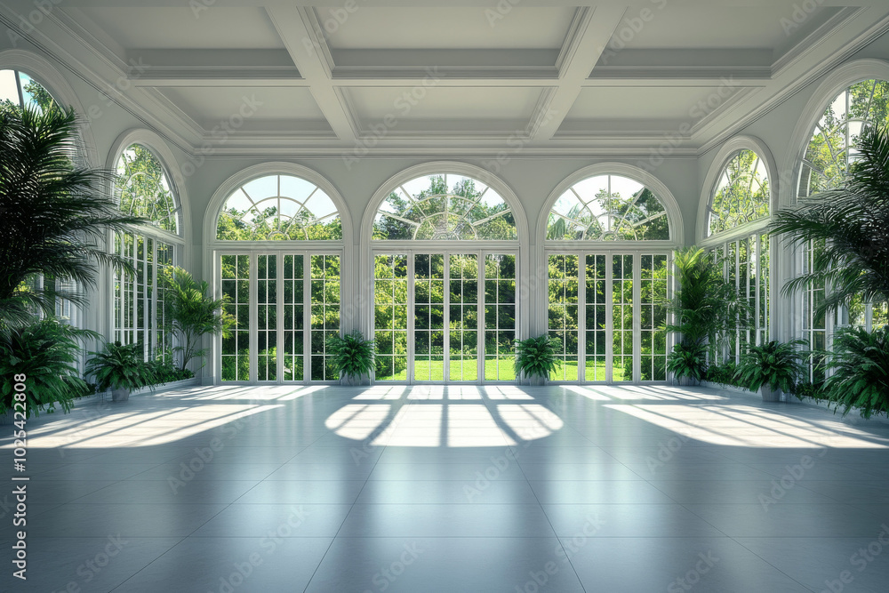 A sunlit room with arched windows overlooking a lush green garden. A sunlit room with arched windows overlooking a lush green garden.