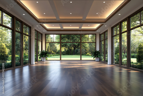 Empty room with large windows overlooking a lush green garden.