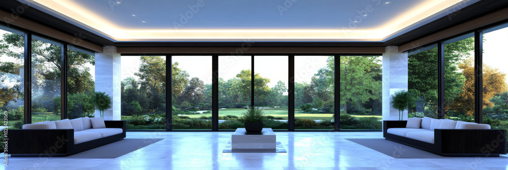 Fototapeta premium Modern living room with large windows overlooking a garden.