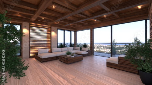 Modern living space with wooden floors, large windows, and a view of the ocean.