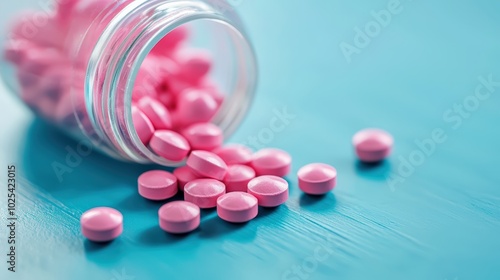 A vibrant scene featuring pink pills spilled from a glass bottle on a turquoise surface, perfect for health-related projects. photo