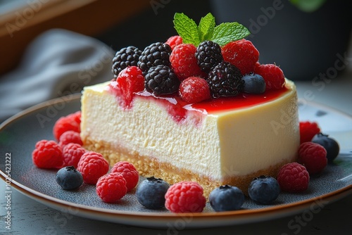 Delicious Cheesecake with Fresh Berries and Mint Garnish