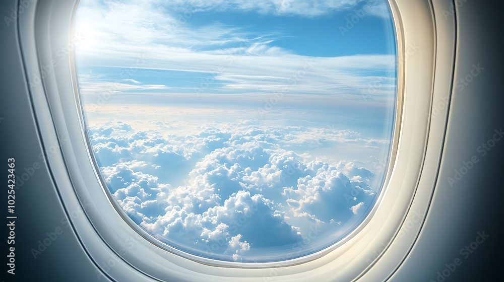 Aerial panorama of a vast blue sky with fluffy white clouds, framed by an airplane window Aerial panorama of a vast blue sky with fluffy white clouds, framed by an airplane window