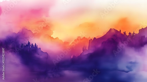 Abstract Watercolor Painting of a Misty Mountain Range at Sunset