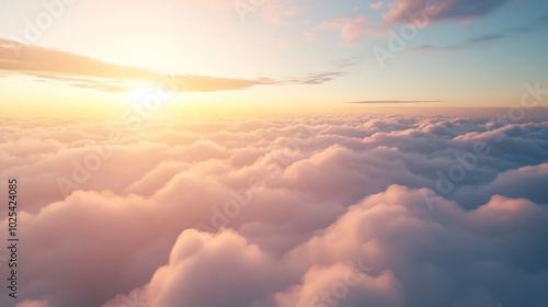 Aerial panorama of a vast blue sky with fluffy white clouds, framed by an airplane window