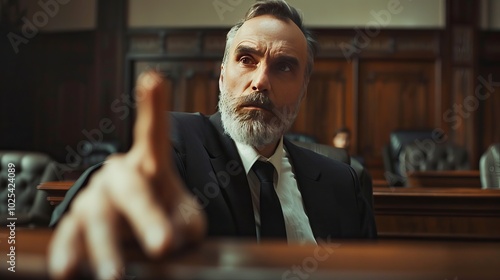 A lawyer's eyes ablaze with determination, passionately arguing his case in court, with emphatic hand gestures that emphasize his commitment to justice.