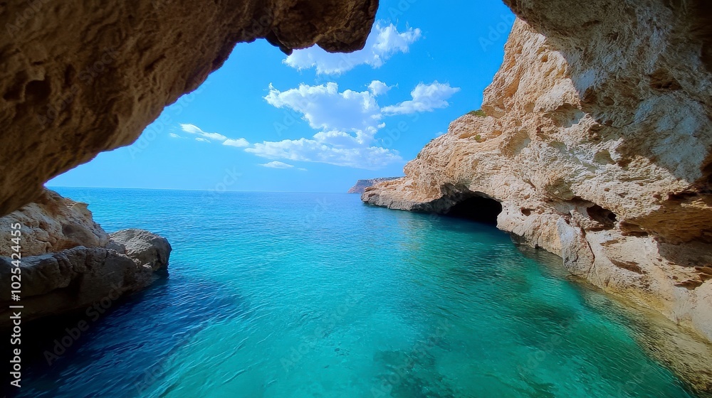 Secluded coastal cove, azure waters, rocky arch, tranquil ocean, bright sky, natural beauty, serene atmosphere, remote escape. Secluded coastal cove, azure waters, rocky arch, tranquil ocean, bright sky, natural beauty, serene atmosphere, remote escape.