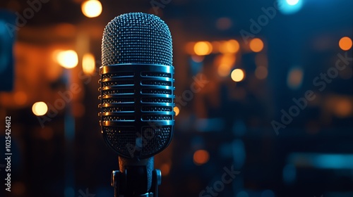 A close-up of an audio microphone, set against the backdrop of a dark soundbooth with soft lighting and bokeh effect photo