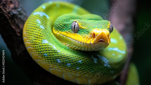 A close-up of the green-yellow snake, curled up on its tree branch with its head held high and eyes focused ahead photo