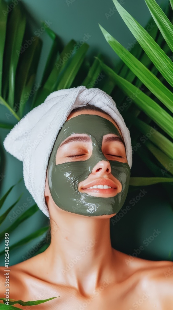 Relaxing moment with a green clay mask, beauty treatment for glowing skin surrounded by lush greenery. Relaxing moment with a green clay mask, beauty treatment for glowing skin surrounded by lush greenery.