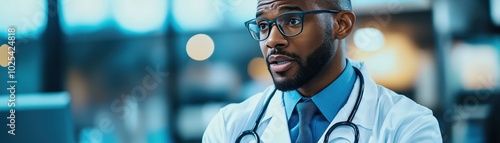 Professional doctor wearing glasses and a coat, engaged in patient care with modern technology in a healthcare environment. photo